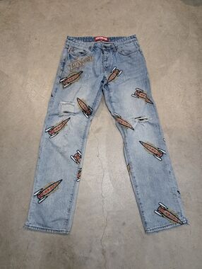 ICECREAM Light Blue Rocket Patch Straight Jeans  Mens 32 Flaw